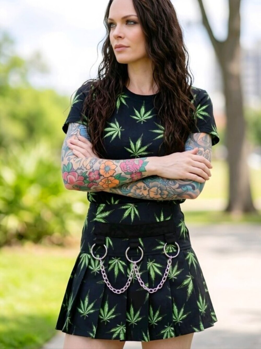 Tripp NYC Green Leaf Print Pleated Mini Skirt O Ring Chains Mall Goth Sz L NWT